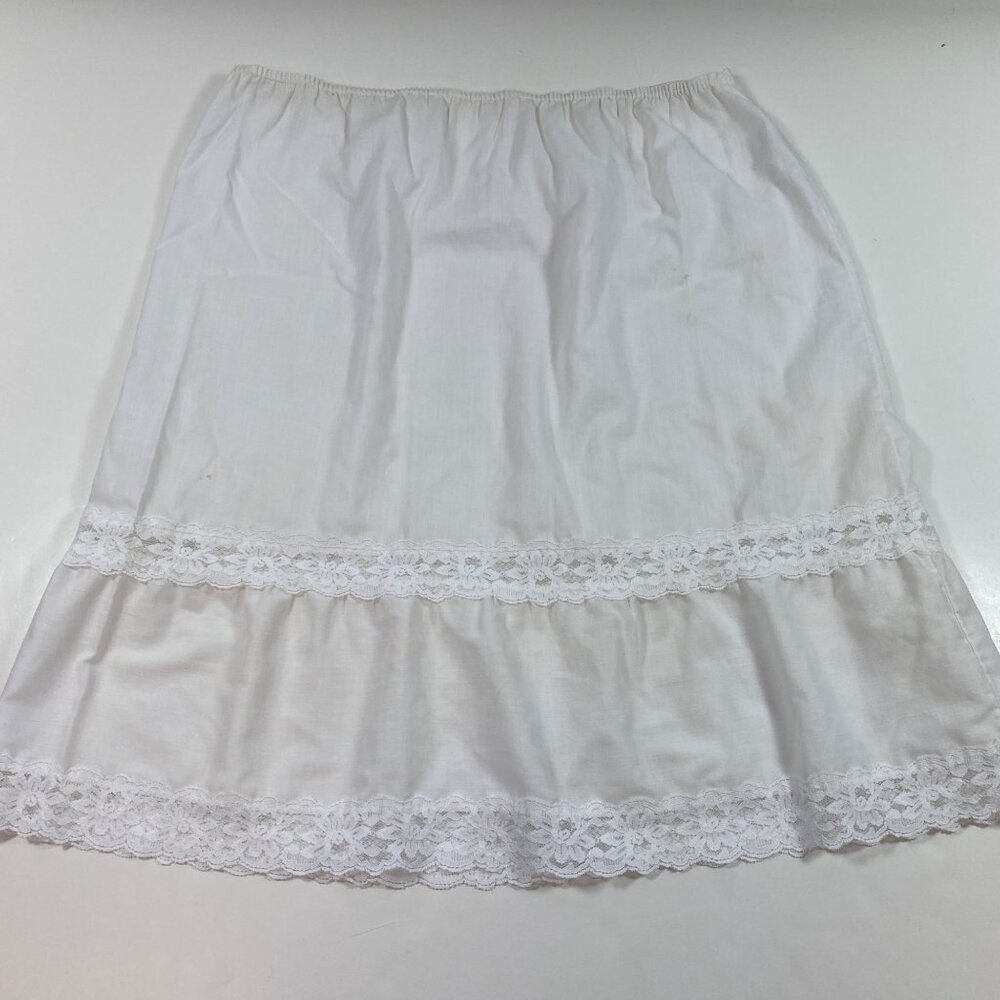 Vintage Womens White Cotton Half Slip Skirt Lace Trim Ruffled Edge Elastic Waist